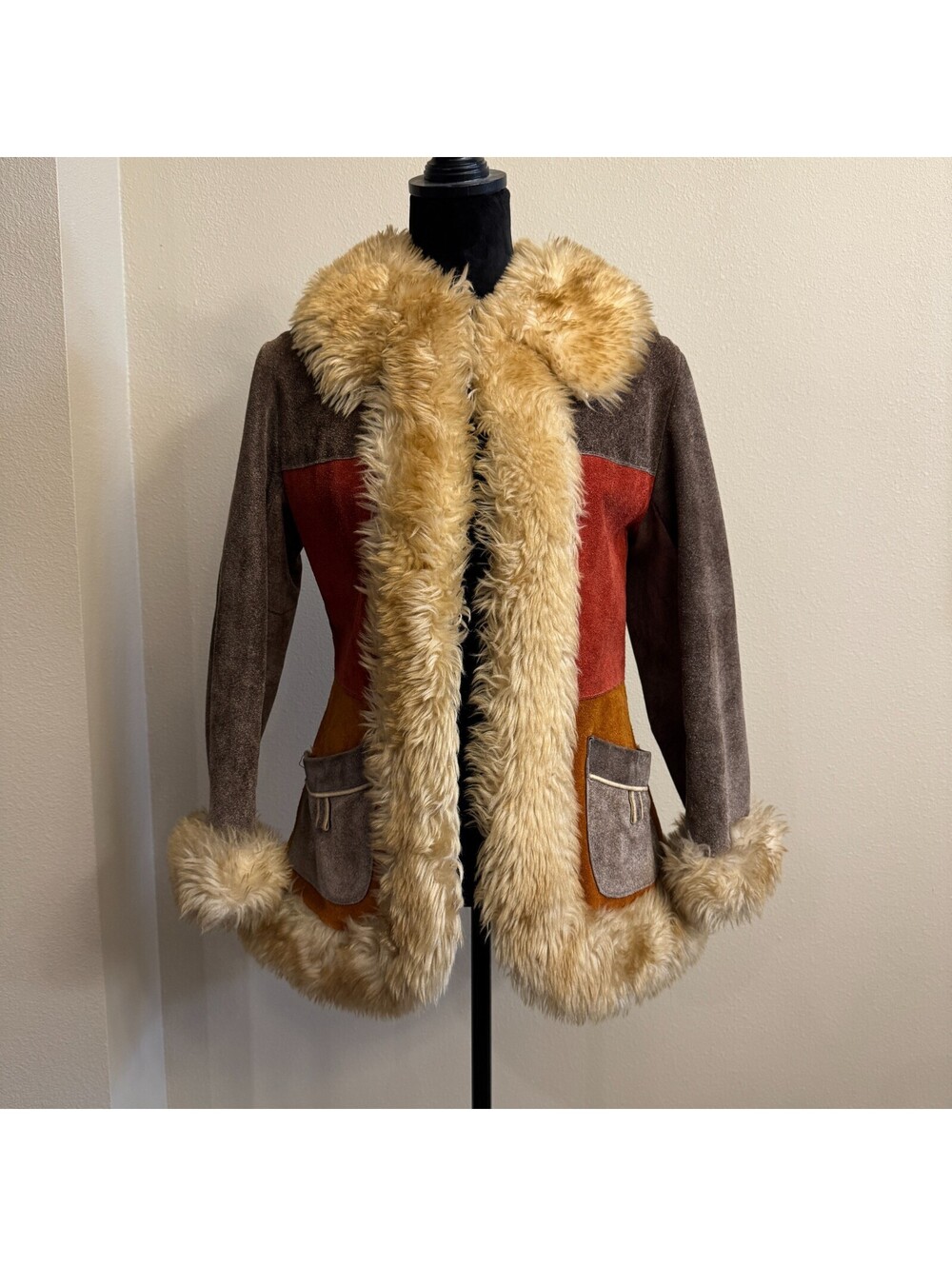 Vintage 60s/70s Penny Lane Patchwork Suede Fur Coat Boho Hippie Festival Sz 6
